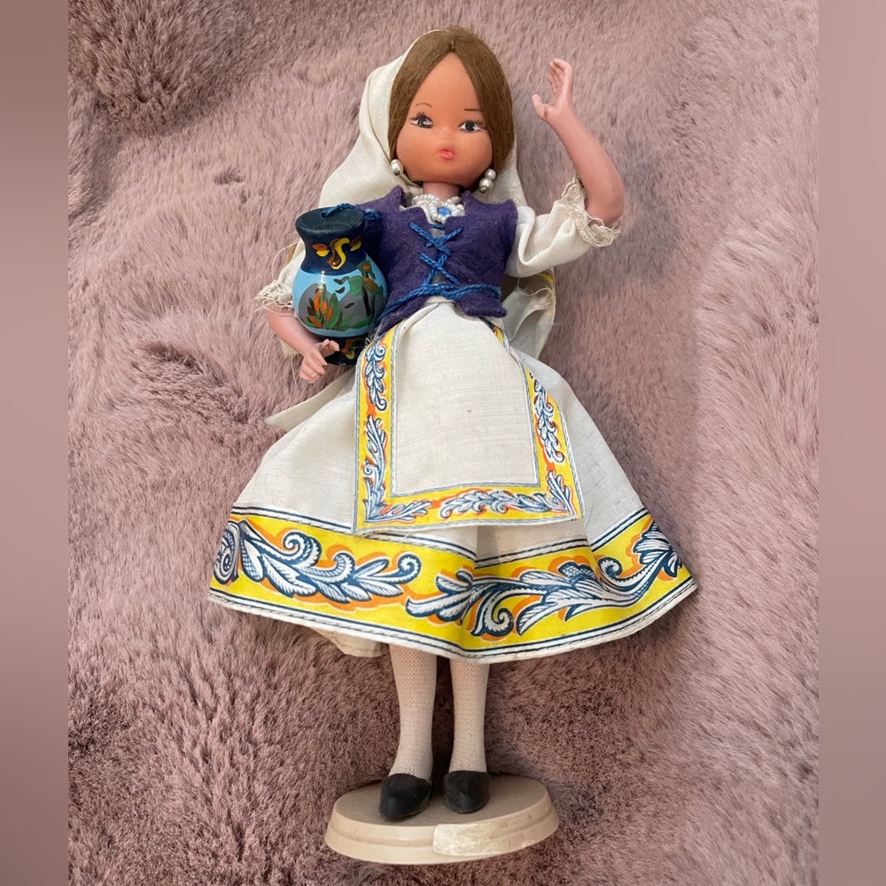 Vintage Doll White Dress Scarf Blue Vest Dance Water Jug Stand